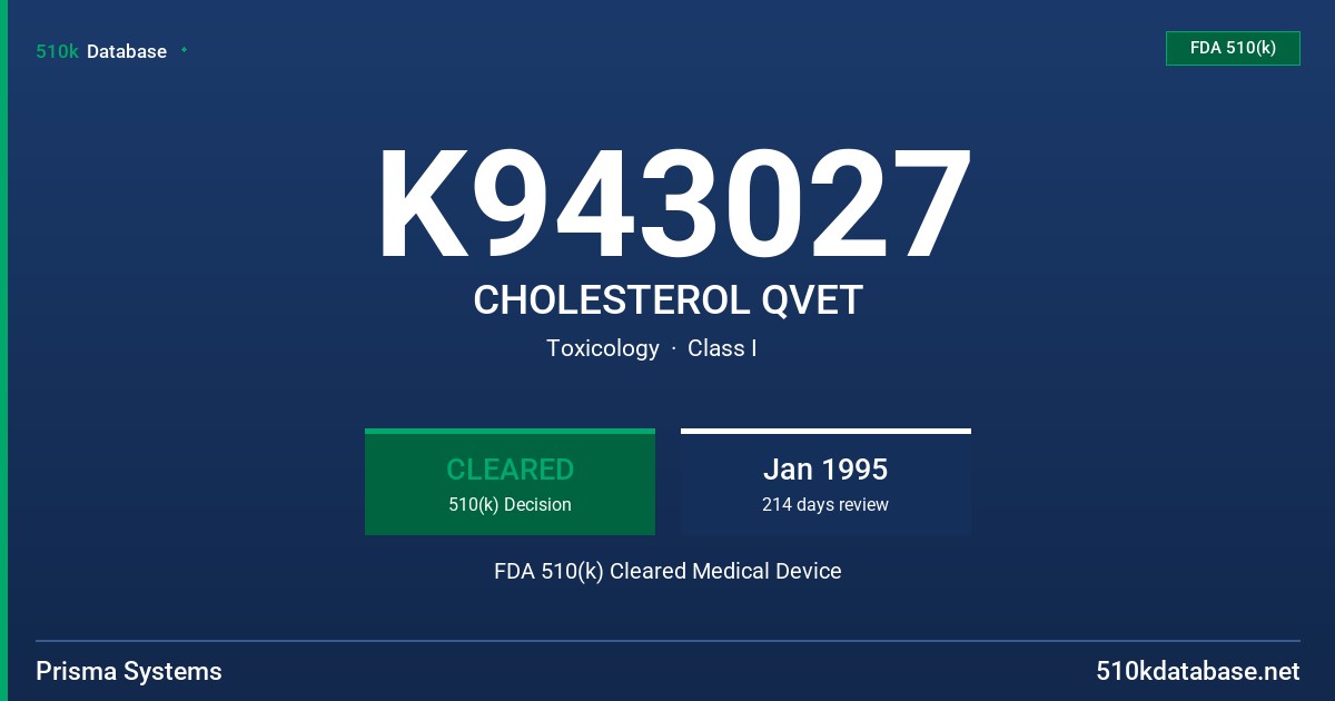 K943027 CHOLESTEROL QVET FDA 510(k) Cleared Medical Device
