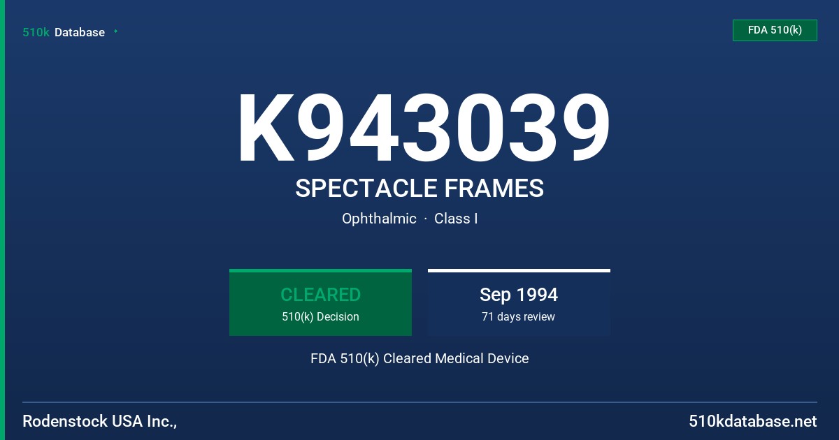 K943039 SPECTACLE FRAMES FDA 510(k) Cleared Medical Device