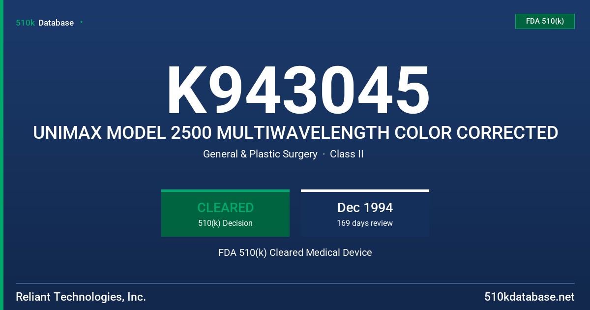 K943045 UNIMAX MODEL 2500 MULTIWAVELENGTH COLOR CORRECTED FDA 510(k) Cleared Medical Device