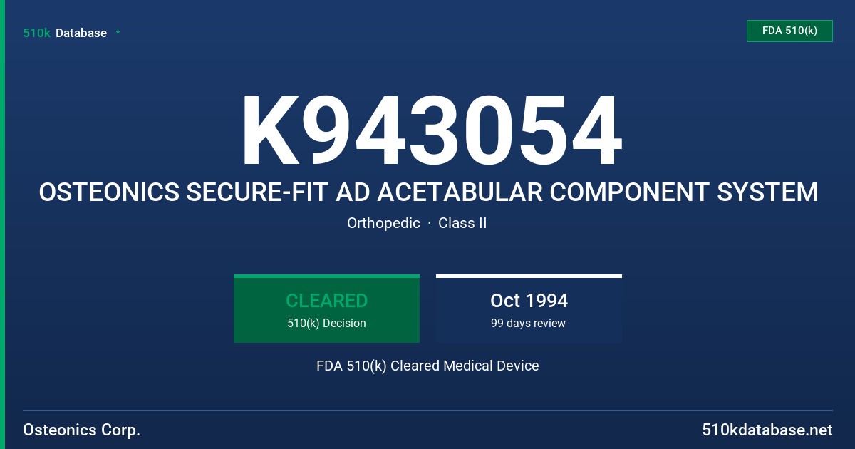 K943054 OSTEONICS SECURE-FIT AD ACETABULAR COMPONENT SYSTEM FDA 510(k) Cleared Medical Device