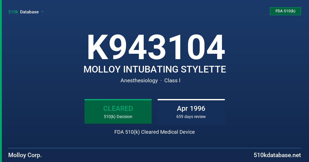 K943104 MOLLOY INTUBATING STYLETTE FDA 510(k) Cleared Medical Device