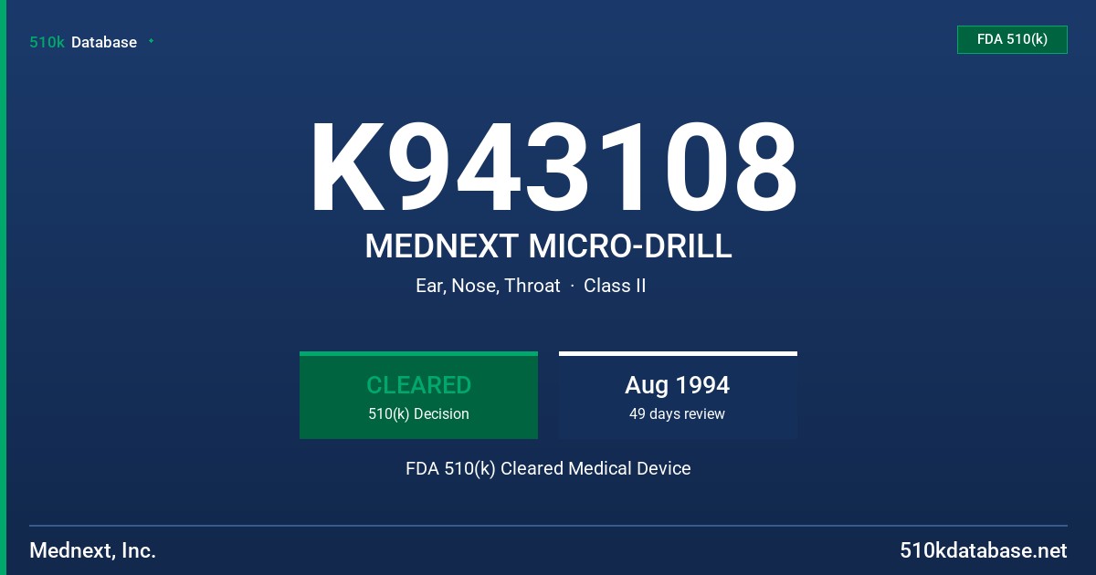 K943108 MEDNEXT MICRO-DRILL FDA 510(k) Cleared Medical Device