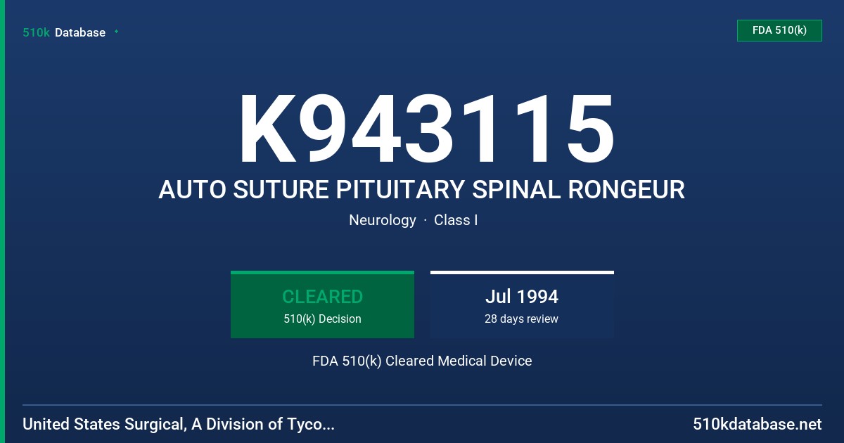 K943115 AUTO SUTURE PITUITARY SPINAL RONGEUR FDA 510(k) Cleared Medical Device