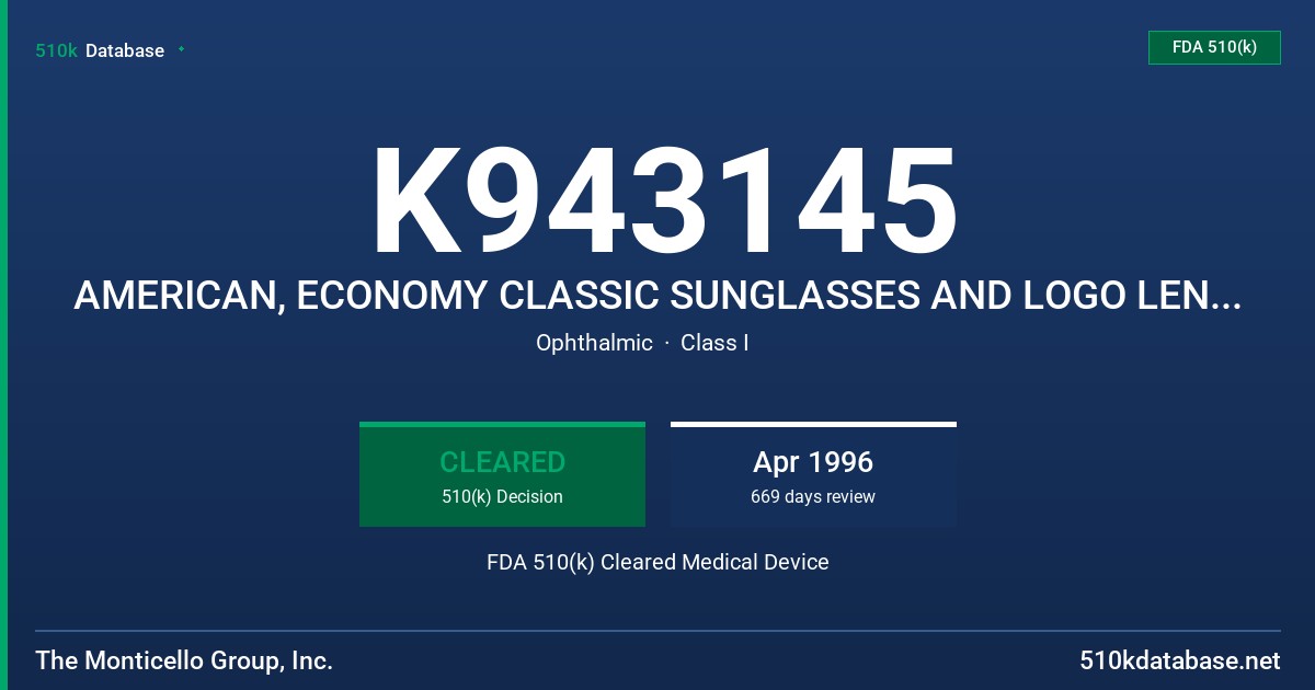 K943145 AMERICAN, ECONOMY CLASSIC SUNGLASSES AND LOGO LENS CONTRA VISION SUNGLASSE FDA 510(k) Cleared Medical Device