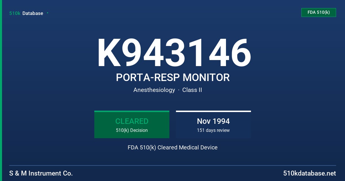 K943146 PORTA-RESP MONITOR FDA 510(k) Cleared Medical Device