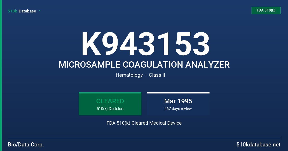 K943153 MICROSAMPLE COAGULATION ANALYZER FDA 510(k) Cleared Medical Device