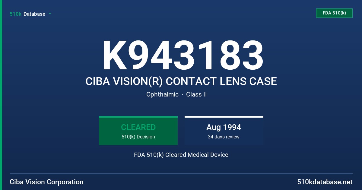 K943183 CIBA VISION(R) CONTACT LENS CASE FDA 510(k) Cleared Medical Device