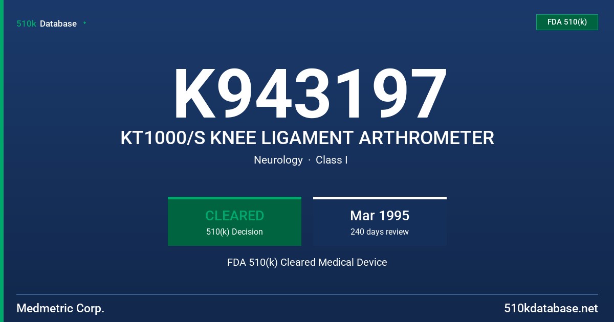 K943197 KT1000/S KNEE LIGAMENT ARTHROMETER FDA 510(k) Cleared Medical Device