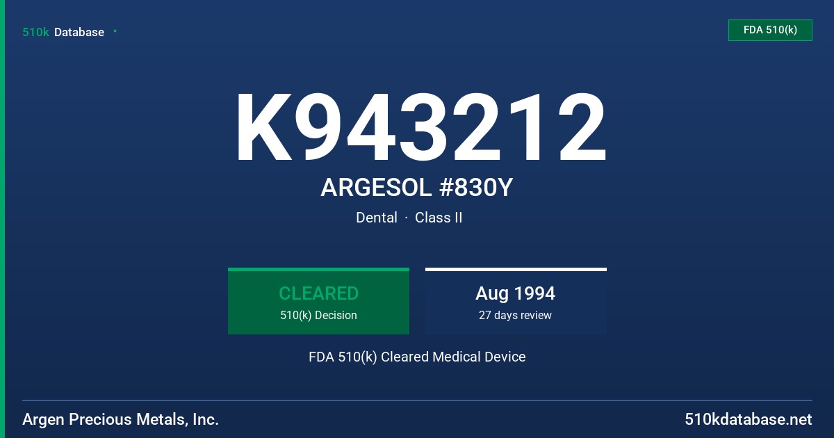 K943212 ARGESOL #830Y FDA 510(k) Cleared Medical Device