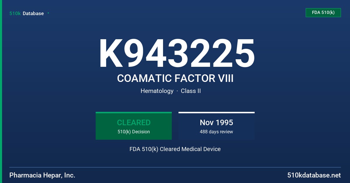 K943225 COAMATIC FACTOR VIII FDA 510(k) Cleared Medical Device