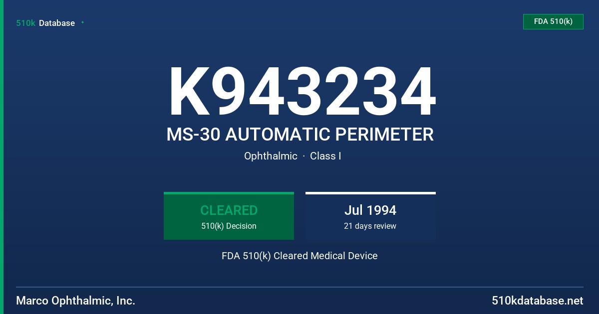 K943234 MS-30 AUTOMATIC PERIMETER FDA 510(k) Cleared Medical Device