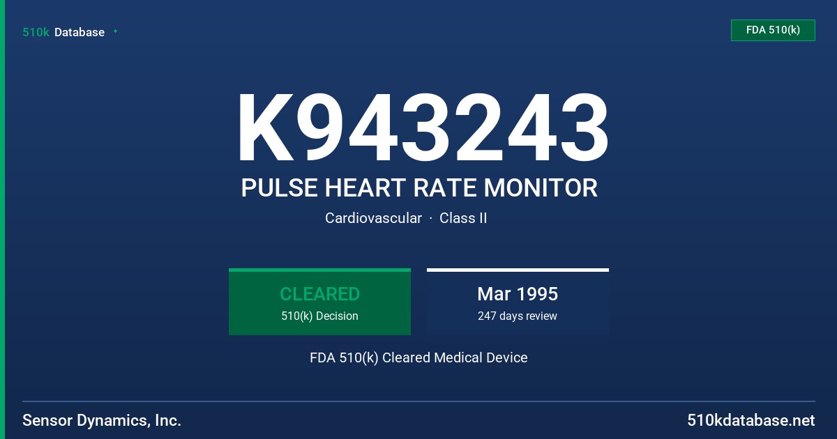 K943243 PULSE HEART RATE MONITOR FDA 510(k) Cleared Medical Device
