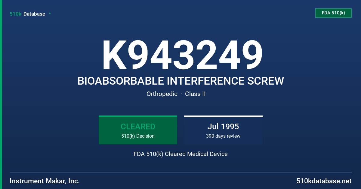 K943249 BIOABSORBABLE INTERFERENCE SCREW FDA 510(k) Cleared Medical Device