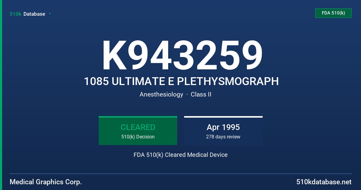K943259 1085 ULTIMATE E PLETHYSMOGRAPH FDA 510(k) Cleared Medical Device