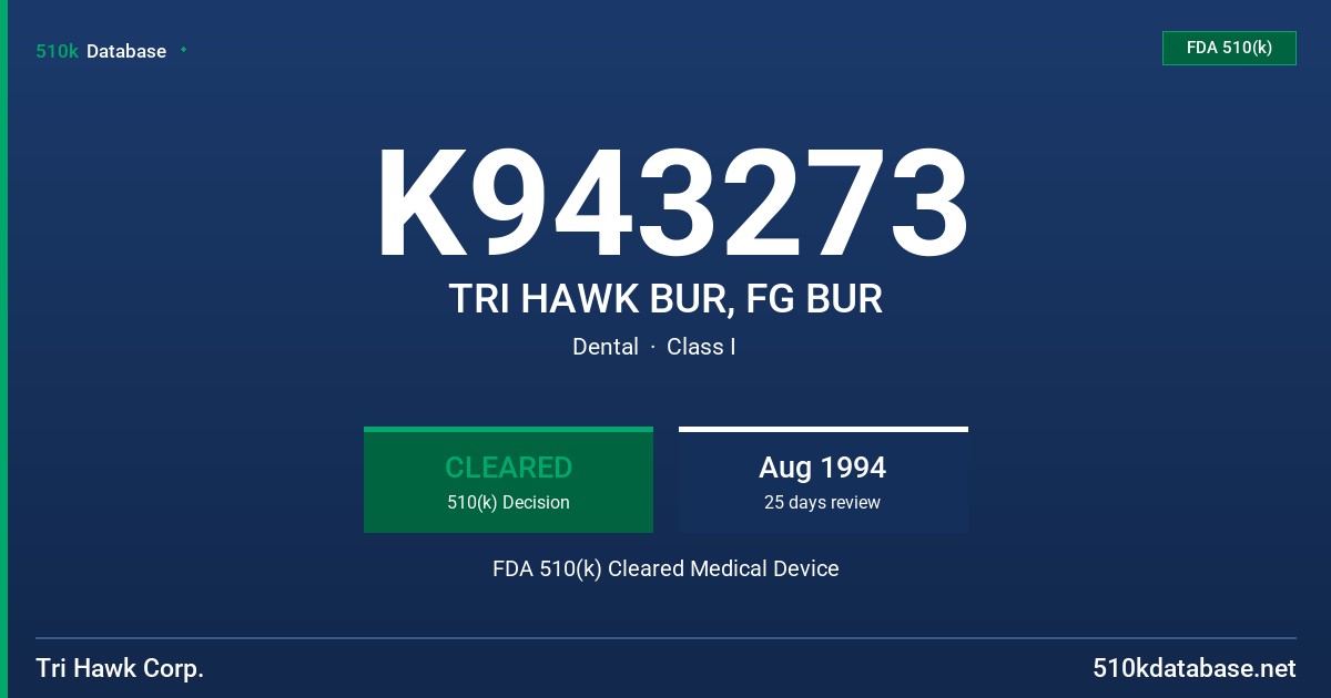 K943273 TRI HAWK BUR, FG BUR FDA 510(k) Cleared Medical Device
