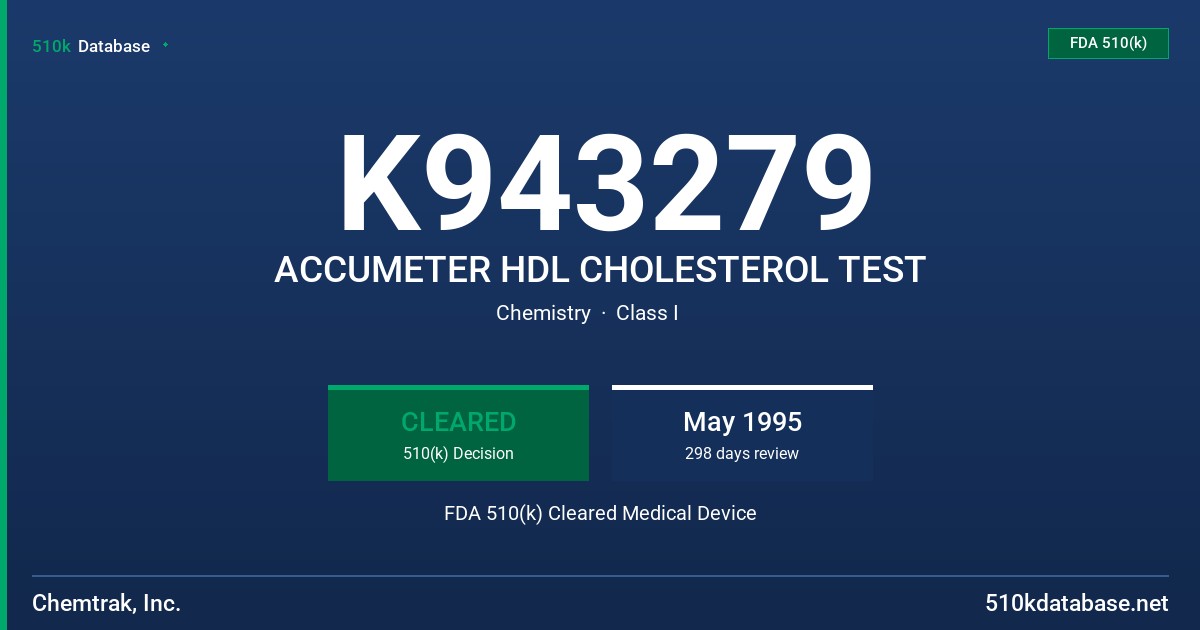 K943279 ACCUMETER HDL CHOLESTEROL TEST FDA 510(k) Cleared Medical Device