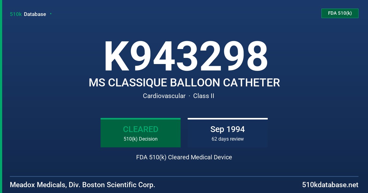K943298 MS CLASSIQUE BALLOON CATHETER FDA 510(k) Cleared Medical Device
