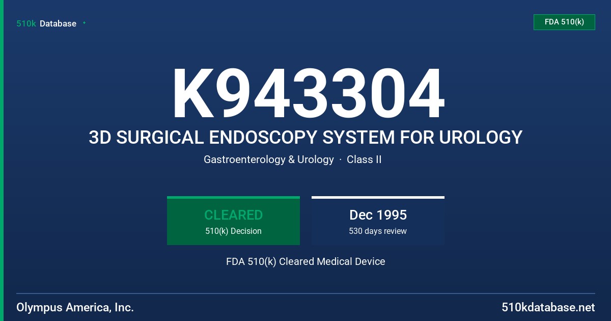K943304 3D SURGICAL ENDOSCOPY SYSTEM FOR UROLOGY FDA 510(k) Cleared Medical Device