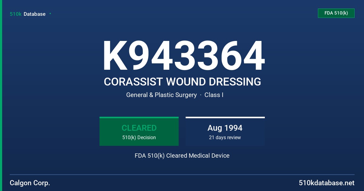 K943364 CORASSIST WOUND DRESSING FDA 510(k) Cleared Medical Device
