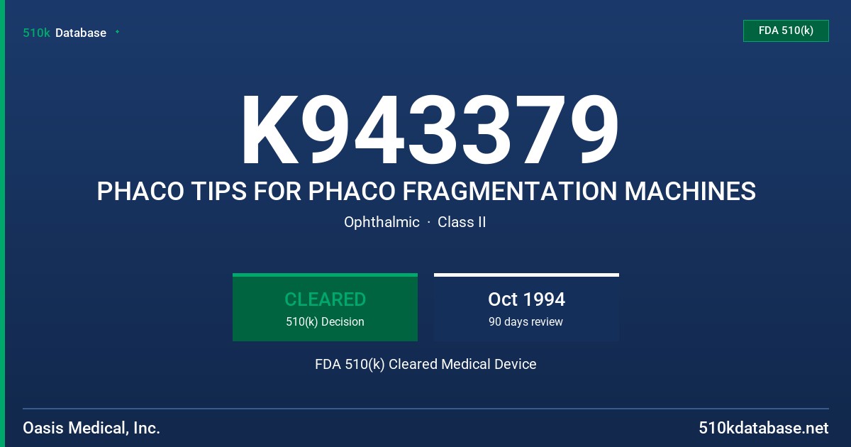 K943379 PHACO TIPS FOR PHACO FRAGMENTATION MACHINES FDA 510(k) Cleared Medical Device