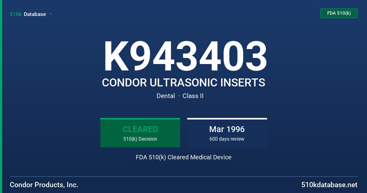 K943403 CONDOR ULTRASONIC INSERTS FDA 510(k) Cleared Medical Device