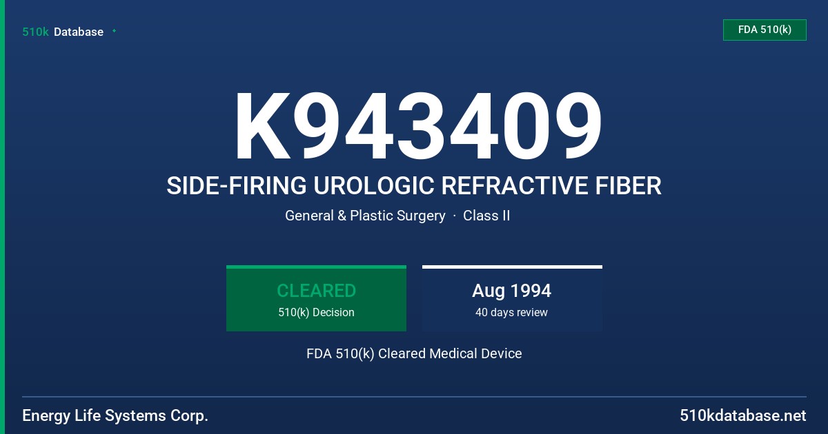 K943409 SIDE-FIRING UROLOGIC REFRACTIVE FIBER FDA 510(k) Cleared Medical Device