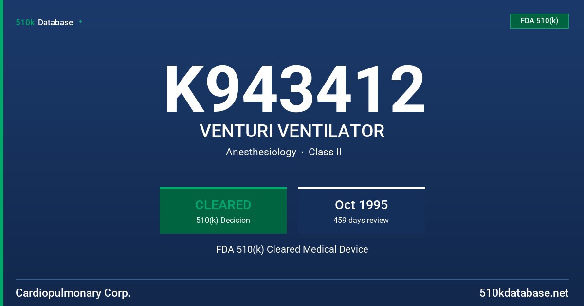 K943412 VENTURI VENTILATOR FDA 510(k) Cleared Medical Device