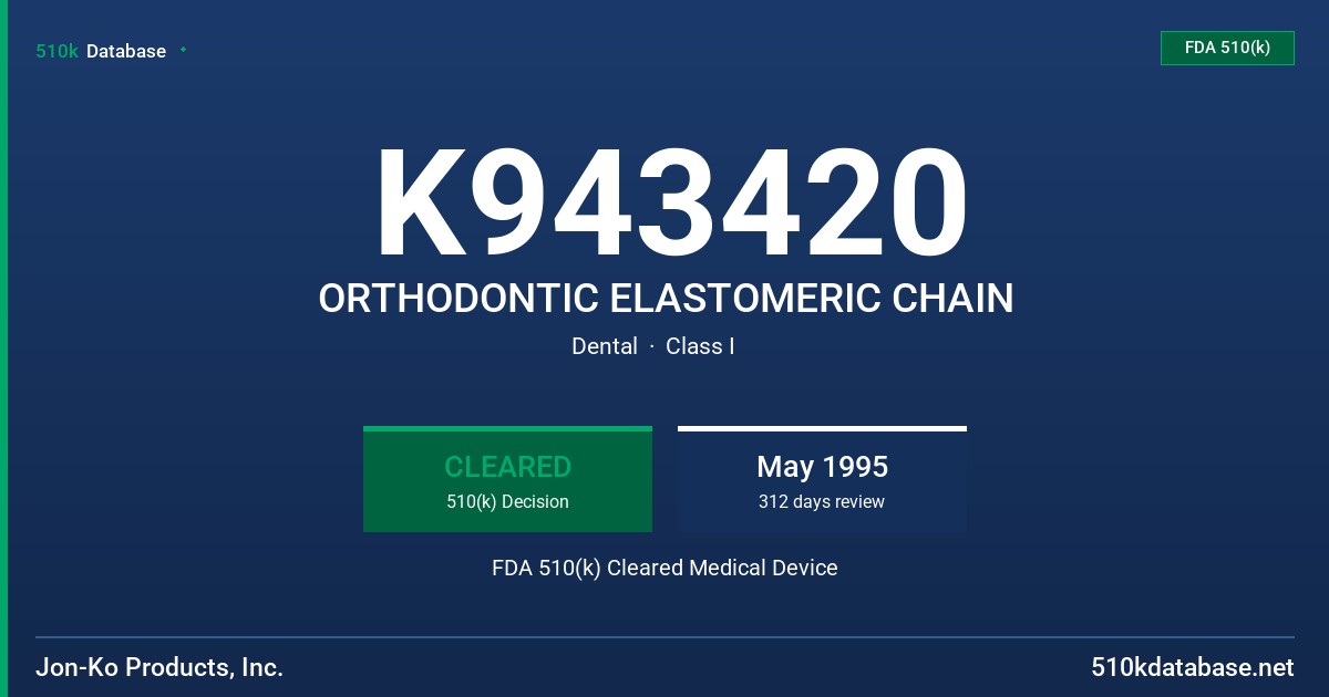K943420 ORTHODONTIC ELASTOMERIC CHAIN FDA 510(k) Cleared Medical Device