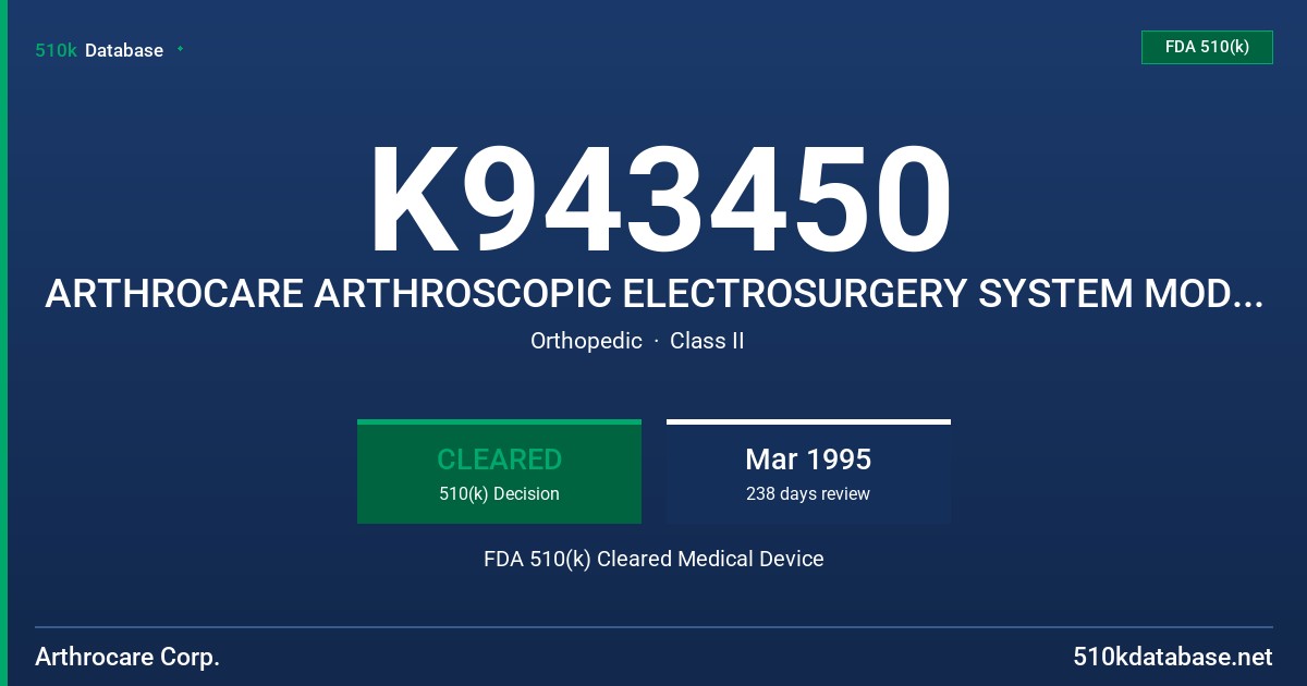 K943450 ARTHROCARE ARTHROSCOPIC ELECTROSURGERY SYSTEM MODEL 970 FDA 510(k) Cleared Medical Device