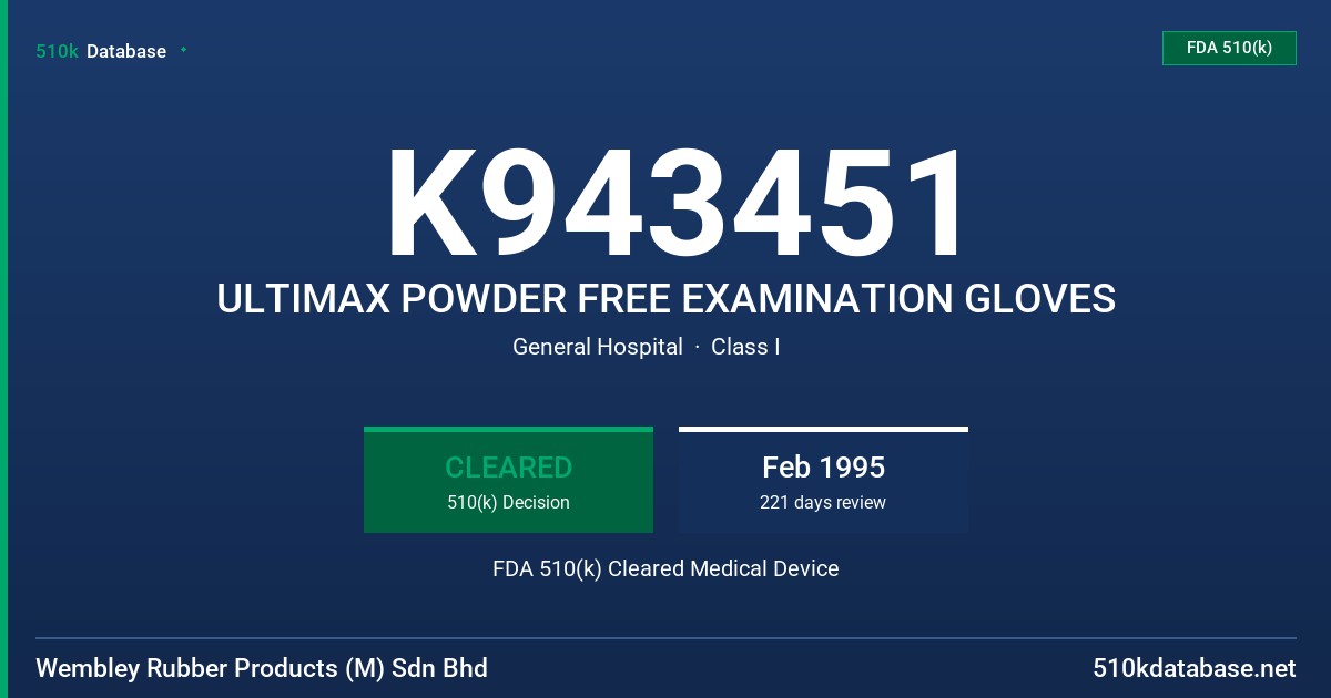 K943451 ULTIMAX POWDER FREE EXAMINATION GLOVES FDA 510(k) Cleared Medical Device