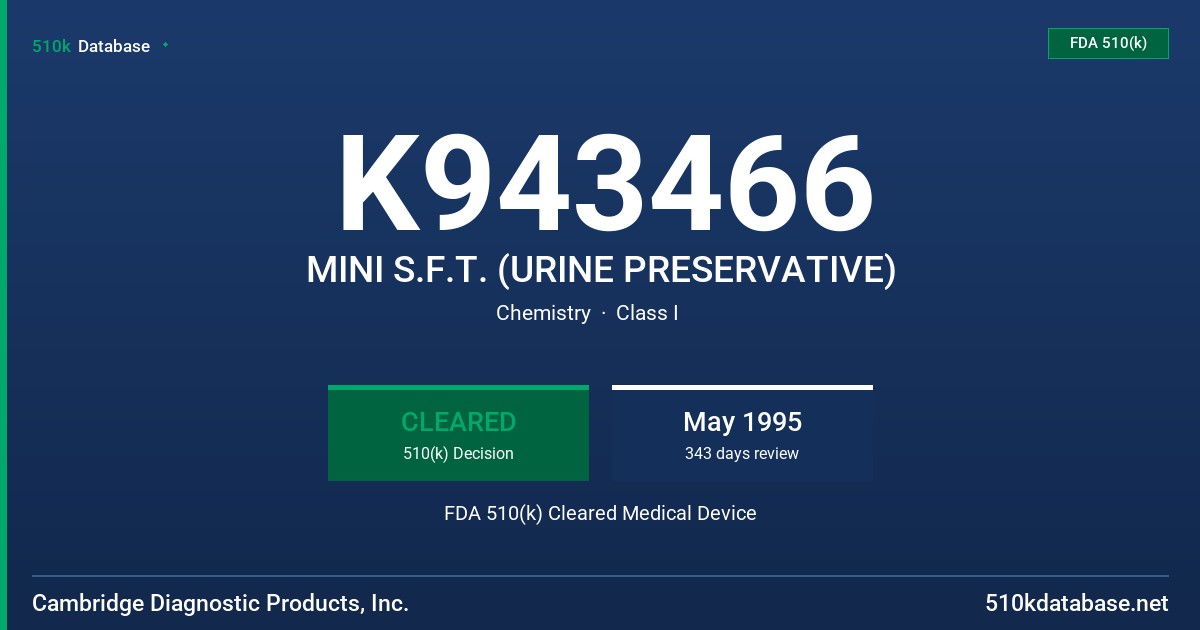 K943466 MINI S.F.T. (URINE PRESERVATIVE) FDA 510(k) Cleared Medical Device
