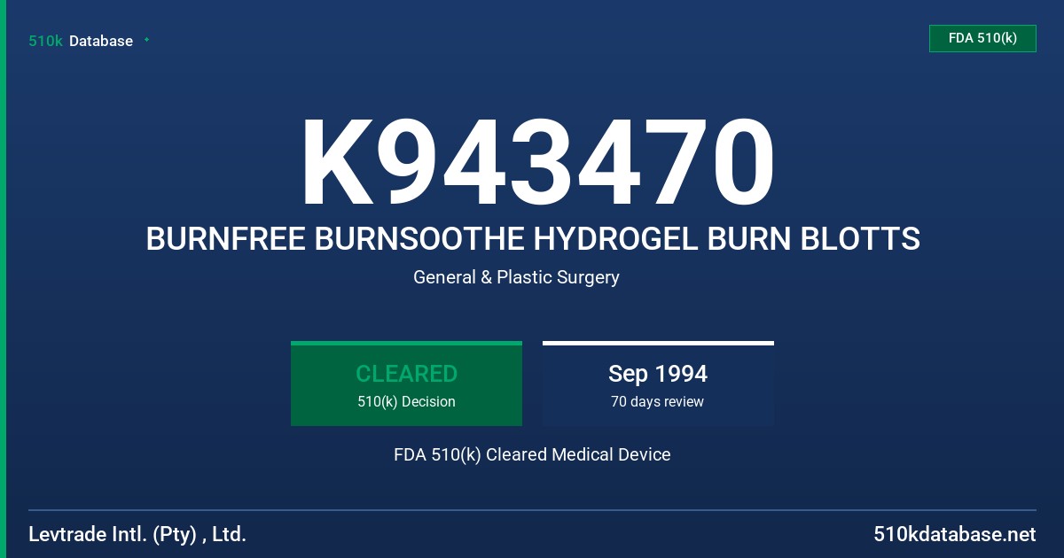 K943470 BURNFREE BURNSOOTHE HYDROGEL BURN BLOTTS FDA 510(k) Cleared Medical Device