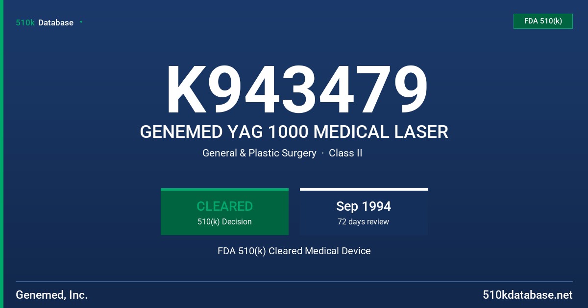 K943479 GENEMED YAG 1000 MEDICAL LASER FDA 510(k) Cleared Medical Device