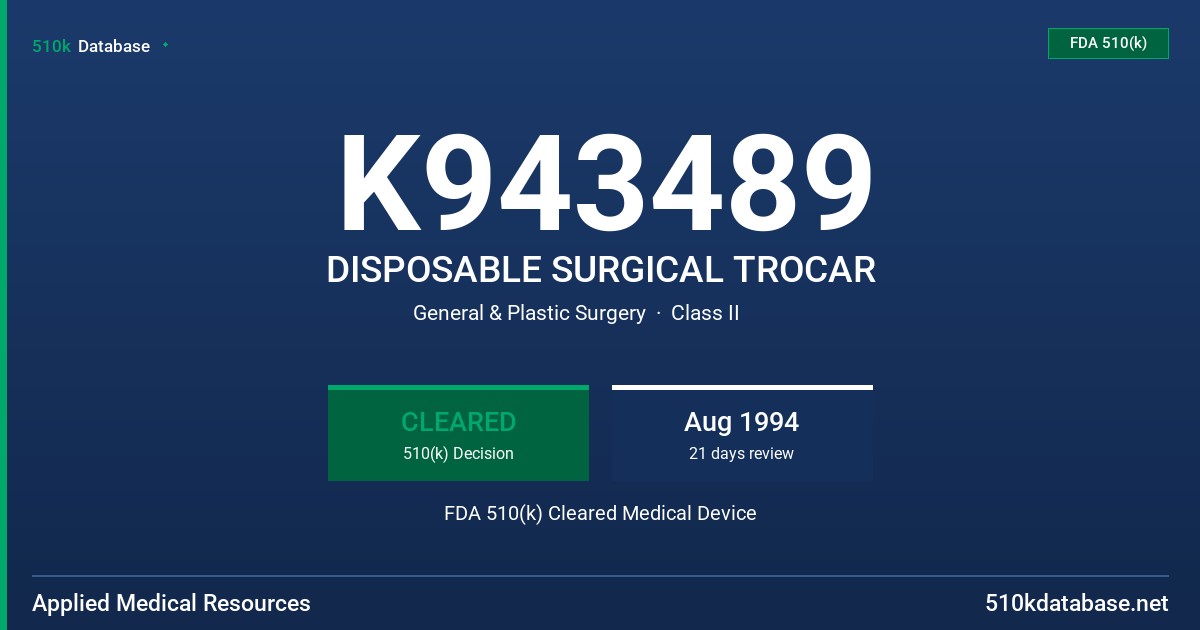 K943489 DISPOSABLE SURGICAL TROCAR FDA 510(k) Cleared Medical Device