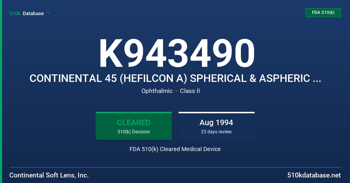 K943490 CONTINENTAL 45 (HEFILCON A) SPHERICAL & ASPHERIC CONTACT LENSES FDA 510(k) Cleared Medical Device