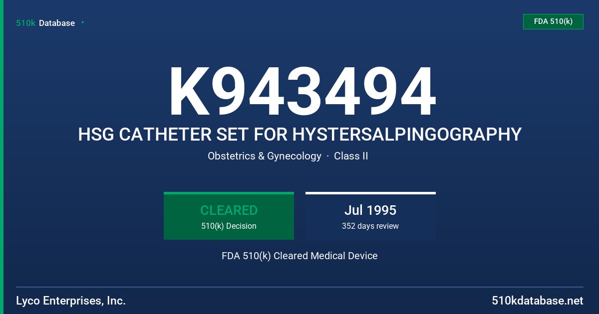 K943494 HSG CATHETER SET FOR HYSTERSALPINGOGRAPHY FDA 510(k) Cleared Medical Device