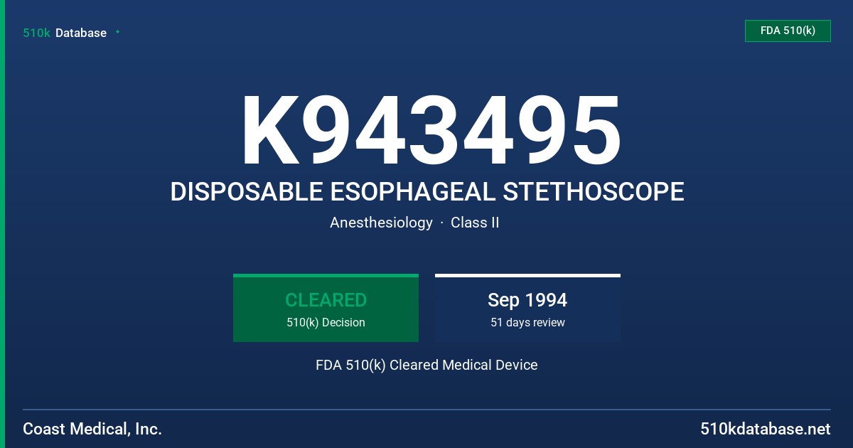 K943495 DISPOSABLE ESOPHAGEAL STETHOSCOPE FDA 510(k) Cleared Medical Device