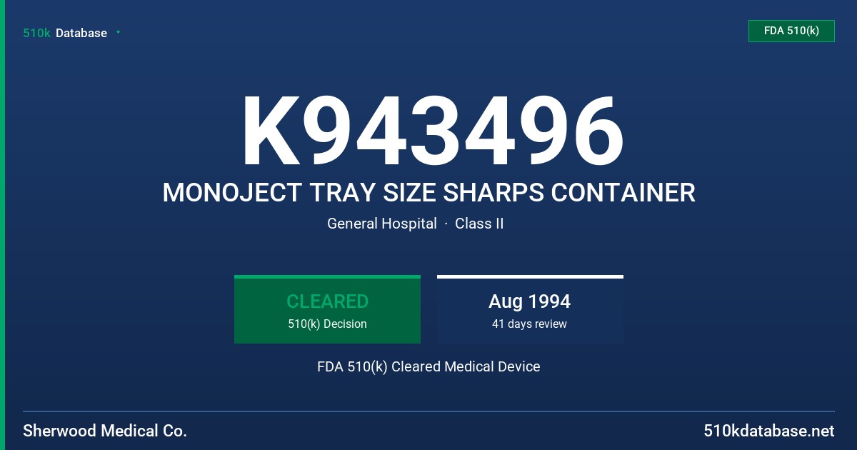 K943496 MONOJECT TRAY SIZE SHARPS CONTAINER FDA 510(k) Cleared Medical Device