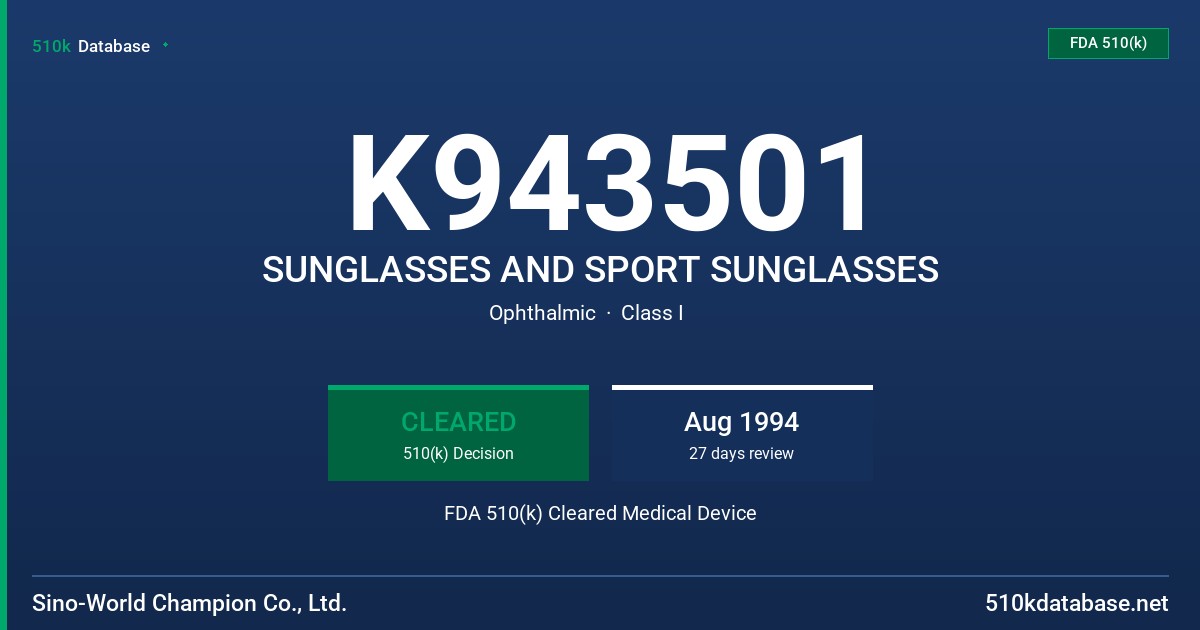K943501 SUNGLASSES AND SPORT SUNGLASSES FDA 510(k) Cleared Medical Device