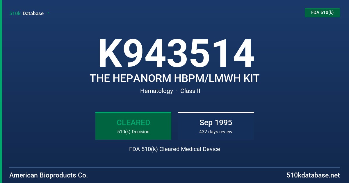K943514 THE HEPANORM HBPM/LMWH KIT FDA 510(k) Cleared Medical Device