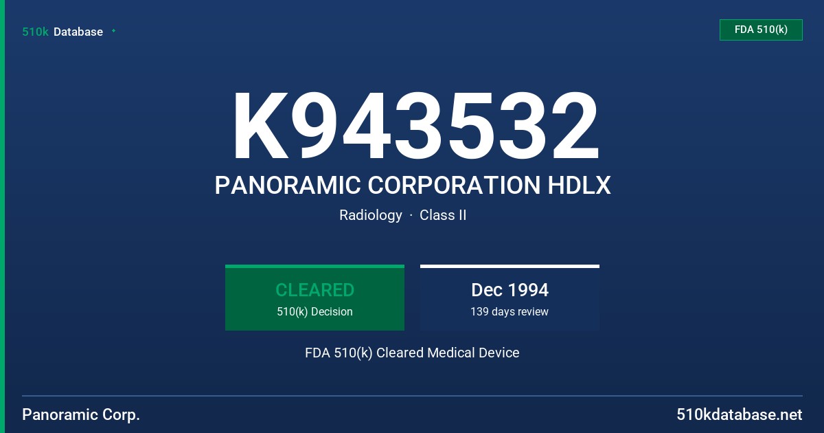 K943532 PANORAMIC CORPORATION HDLX FDA 510(k) Cleared Medical Device