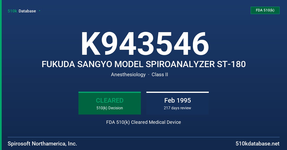K943546 FUKUDA SANGYO MODEL SPIROANALYZER ST-180 FDA 510(k) Cleared Medical Device