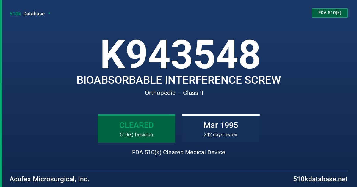 K943548 BIOABSORBABLE INTERFERENCE SCREW FDA 510(k) Cleared Medical Device