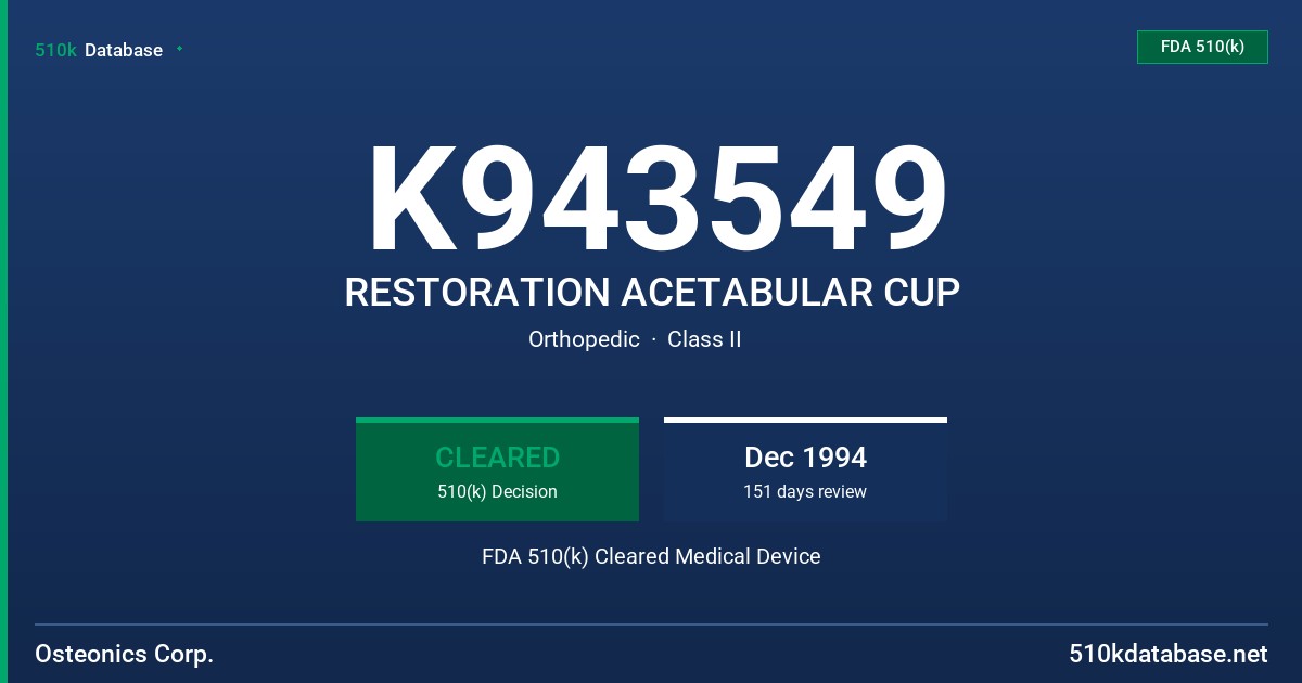 K943549 RESTORATION ACETABULAR CUP FDA 510(k) Cleared Medical Device