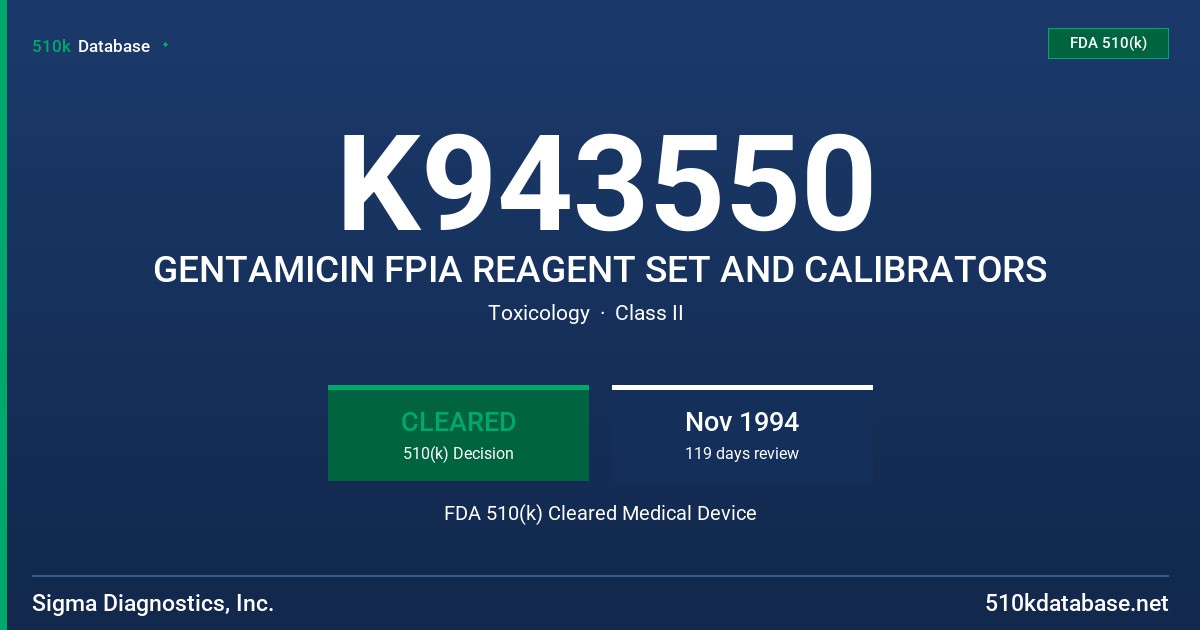K943550 GENTAMICIN FPIA REAGENT SET AND CALIBRATORS FDA 510(k) Cleared Medical Device