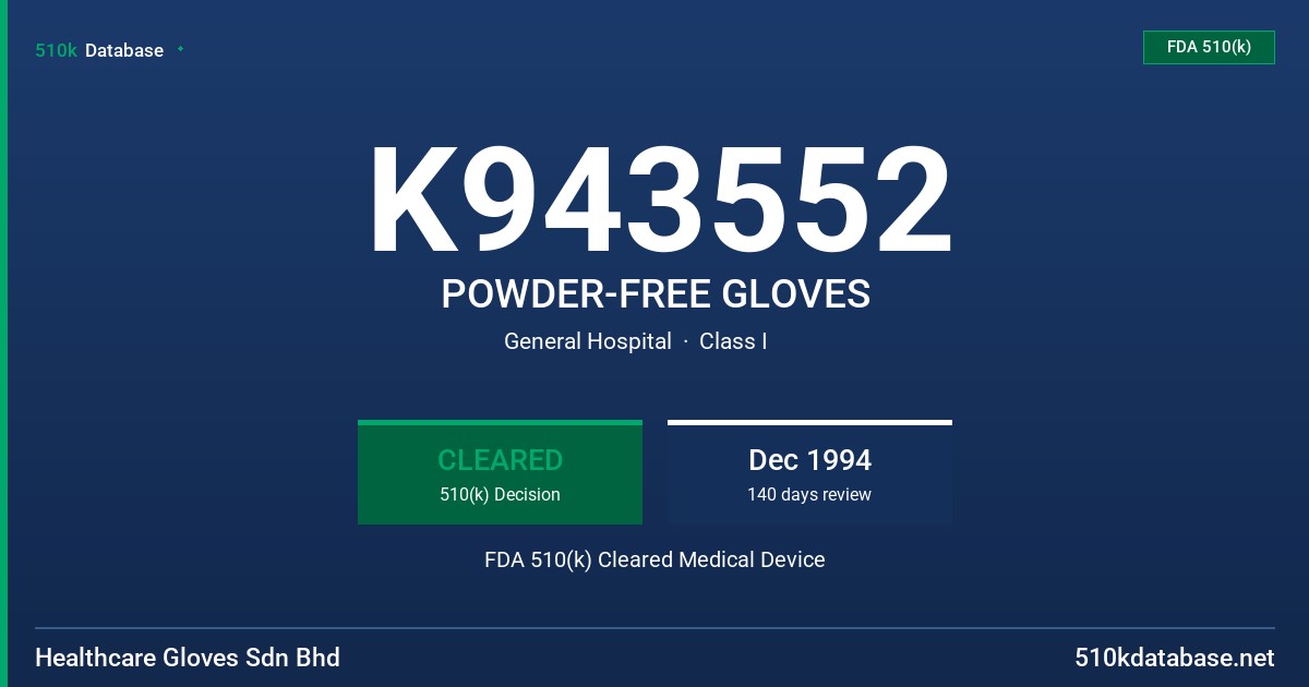 K943552 POWDER-FREE GLOVES FDA 510(k) Cleared Medical Device