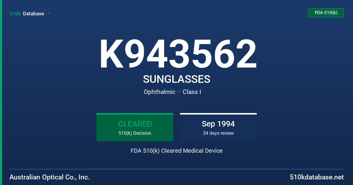 K943562 SUNGLASSES FDA 510(k) Cleared Medical Device