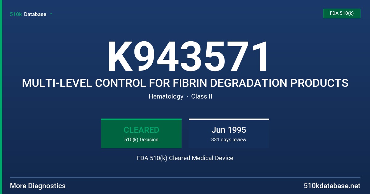 K943571 MULTI-LEVEL CONTROL FOR FIBRIN DEGRADATION PRODUCTS FDA 510(k) Cleared Medical Device