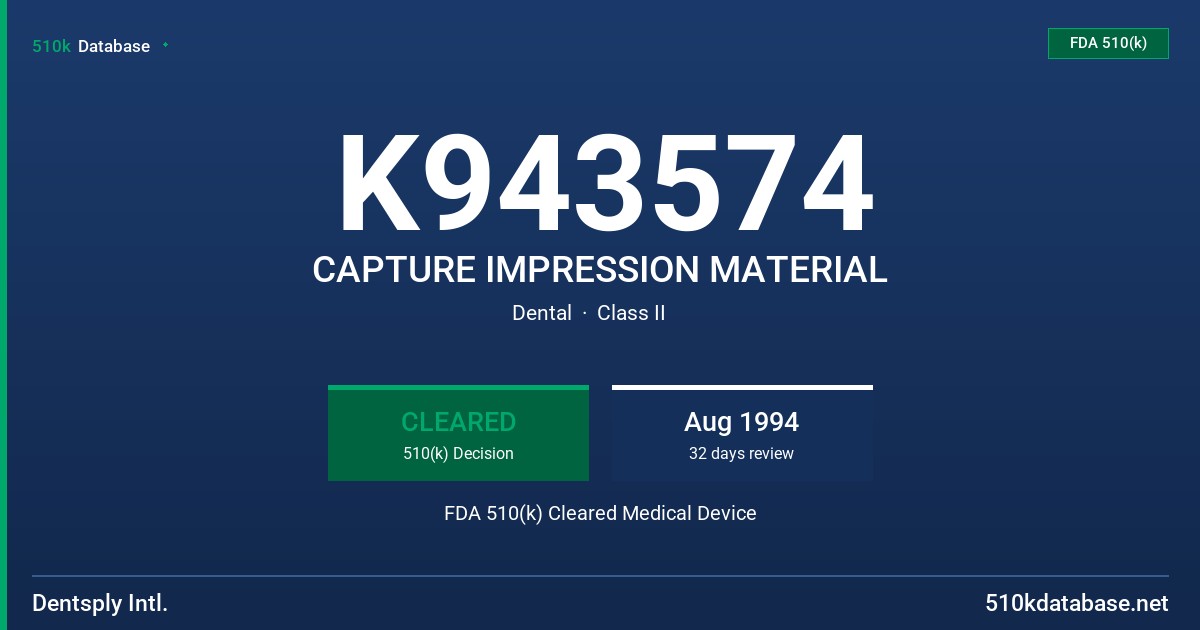 K943574 CAPTURE IMPRESSION MATERIAL FDA 510(k) Cleared Medical Device