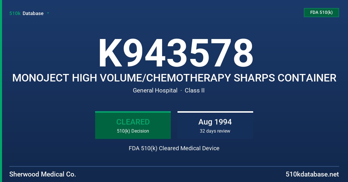 K943578 MONOJECT HIGH VOLUME/CHEMOTHERAPY SHARPS CONTAINER FDA 510(k) Cleared Medical Device